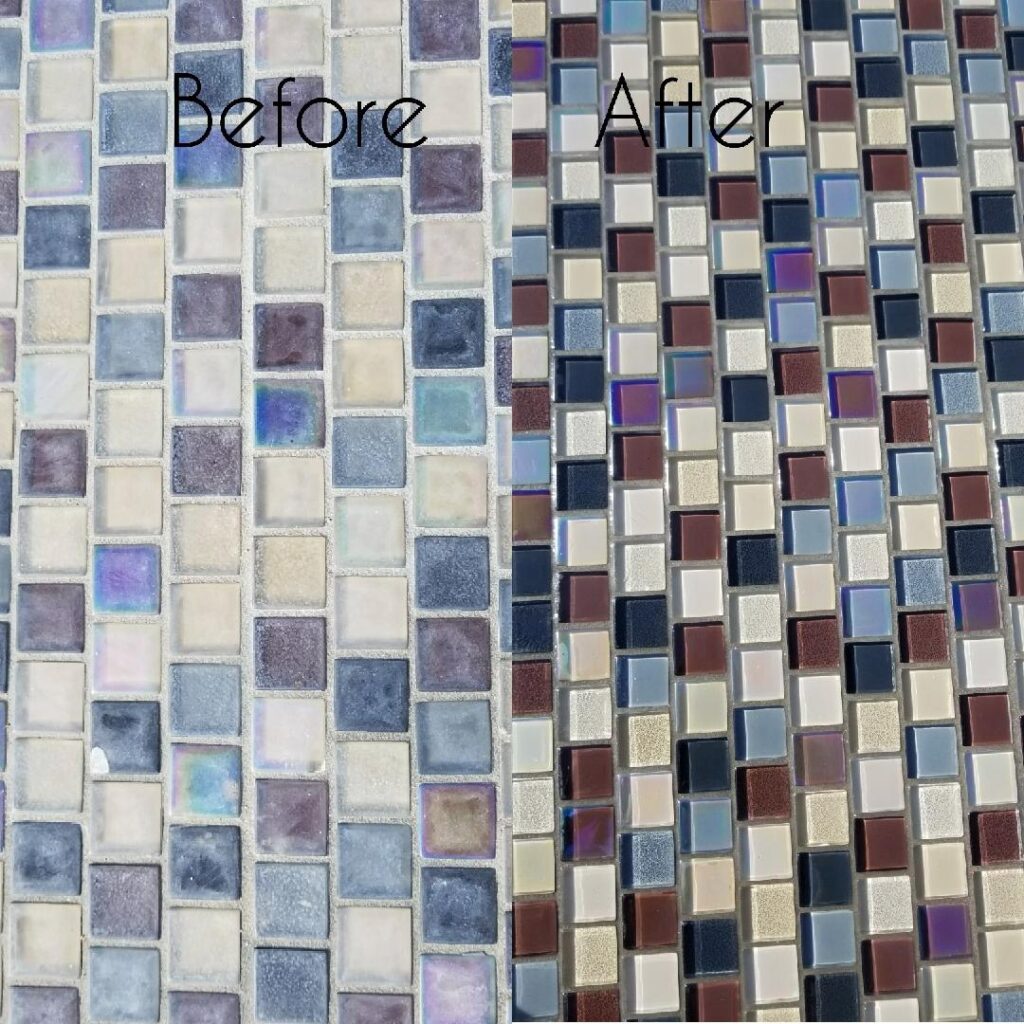 glass mosaic before-and-after with the restored finish visible