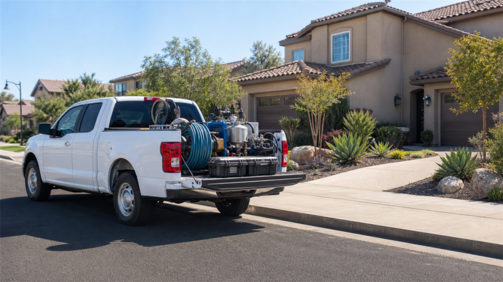 san diego pool tile cleaning technician's truck arriving at a property with equipment being unloaded or staged