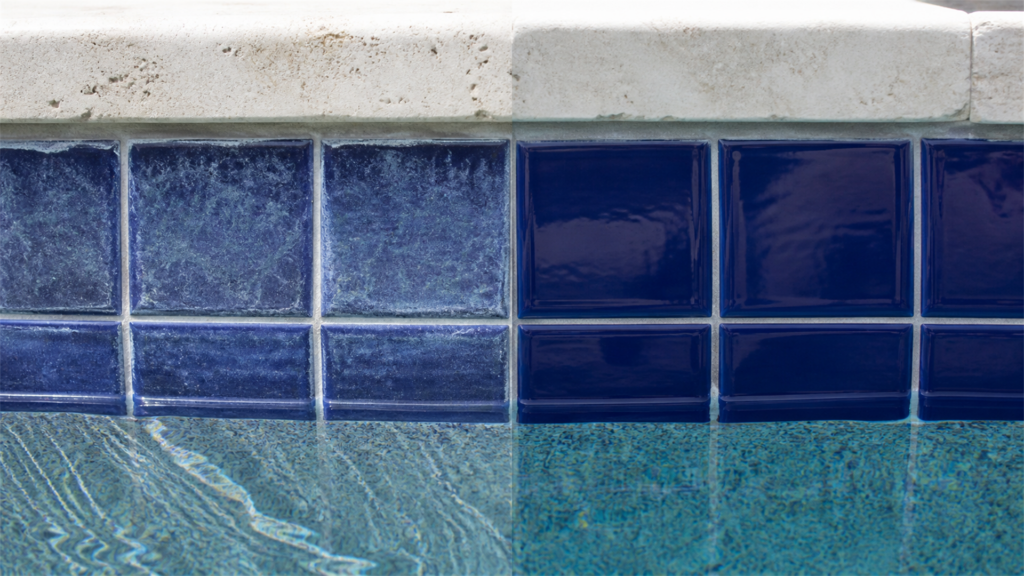 side-by-side comparison of acid-damaged tile versus media-blasted tile